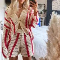 Autumn Sweet Casual Hollow Knitted Cardigan Women Jacket Shorts Set main image 1