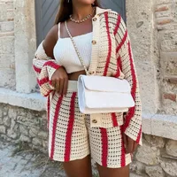 Autumn Sweet Casual Hollow Knitted Cardigan Women Jacket Shorts Set main image 2