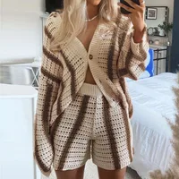 Autumn Sweet Casual Hollow Knitted Cardigan Women Jacket Shorts Set main image 4