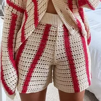 Autumn Sweet Casual Hollow Knitted Cardigan Women Jacket Shorts Set sku image 3