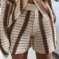 Autumn Sweet Casual Hollow Knitted Cardigan Women Jacket Shorts Set sku image 9