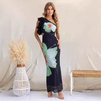Women's Sheath Dress Elegant Oblique Collar Sleeveless Flower Maxi Long Dress Holiday Banquet Travel main image 3