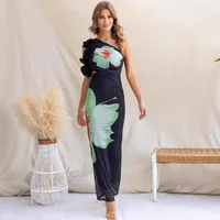 Women's Sheath Dress Elegant Oblique Collar Sleeveless Flower Maxi Long Dress Holiday Banquet Travel main image 5