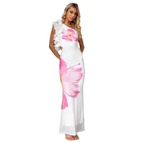 Women's Sheath Dress Elegant Oblique Collar Sleeveless Flower Maxi Long Dress Holiday Banquet Travel main image 4