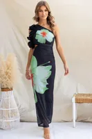 Women's Sheath Dress Elegant Oblique Collar Sleeveless Flower Maxi Long Dress Holiday Banquet Travel sku image 7