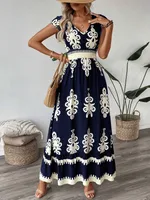Women's A- Line Skirt Casual Elegant V Neck Short Sleeve Plaid Maxi Long Dress Casual Outdoor Daily main image 1
