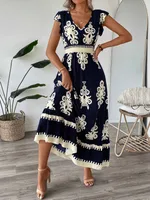 Women's A- Line Skirt Casual Elegant V Neck Short Sleeve Plaid Maxi Long Dress Casual Outdoor Daily main image 4