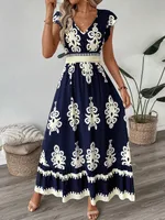Women's A- Line Skirt Casual Elegant V Neck Short Sleeve Plaid Maxi Long Dress Casual Outdoor Daily main image 2