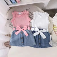 Foreign Trade  Europe And The United States Summer Multi-color Girls Suit Small And Medium-sized Children's Sleeveless Crew Neck Vest Denim Shorts New Products main image 1