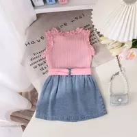 Foreign Trade  Europe And The United States Summer Multi-color Girls Suit Small And Medium-sized Children's Sleeveless Crew Neck Vest Denim Shorts New Products main image 3
