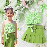 Europe And The United States  Summer Hot Selling Girls Suit Children Flower Suspenders Pleated Skirt Belt Headdress sku image 4