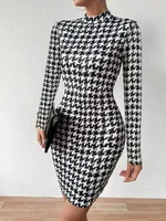 Women's Sheath Dress Elegant High Neck Long Sleeve Houndstooth Above Knee Holiday Daily main image 1