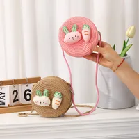 Summer Girls Woven Seaside Bag  New Cute Rabbit Straw Bag Beach Children Crossbody Small Round Bag main image 4