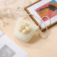 Summer Straw Bag Woven Bag Seaside Beach Cute Children's Straw Bag Tulip Flower Girls' Crossbody Bag sku image 2