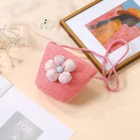 Summer Straw Bag Woven Bag Seaside Beach Cute Children's Straw Bag Tulip Flower Girls' Crossbody Bag sku image 6