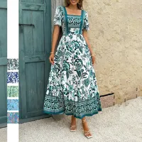 Women's A- Line Skirt Elegant Vacation Ethnic Style Square Neck Short Sleeve Leaf Flower Maxi Long Dress Holiday Travel Daily main image 1
