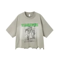 Jie Zhan Men's Wear | Boxy Short Wash Cut Print T-shirt 25 Spring/Summer New American Heavy Short Sleeve Five-point Sleeve sku image 2
