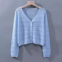 Women's Summer Hollow-out Air-conditioning Shirt Fresh Candy Color V-neck Knitted Cardigan Lightweight Breathable Long-sleeved Sunscreen Shirt main image 1