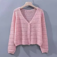 Women's Summer Hollow-out Air-conditioning Shirt Fresh Candy Color V-neck Knitted Cardigan Lightweight Breathable Long-sleeved Sunscreen Shirt main image 4