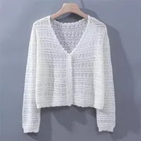 Women's Summer Hollow-out Air-conditioning Shirt Fresh Candy Color V-neck Knitted Cardigan Lightweight Breathable Long-sleeved Sunscreen Shirt sku image 1