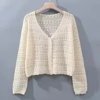 Women's Summer Hollow-out Air-conditioning Shirt Fresh Candy Color V-neck Knitted Cardigan Lightweight Breathable Long-sleeved Sunscreen Shirt sku image 2