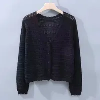 Women's Summer Hollow-out Air-conditioning Shirt Fresh Candy Color V-neck Knitted Cardigan Lightweight Breathable Long-sleeved Sunscreen Shirt sku image 6