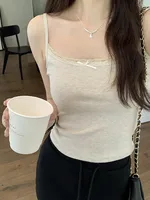 Summer  Gentle Style Lace Sling Women's Bow Stitching Stretch Short Top Sweet Bm White Vest sku image 1
