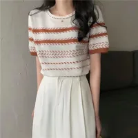 Striped Sweater Women's  Summer Design Crewneck Short-sleeved Contrast Color Small Slim-fit Slim-fit Short Top main image 2