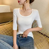 Large Crewneck Mid-Sleeve T-Shirt Women's Slim-Fit Tight Low-Neck Base Shirt Modal T-Shirt Black Half-Sleeve Dance main image 2