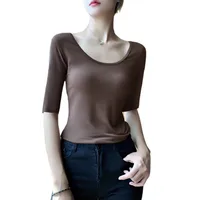 Large Crewneck Mid-Sleeve T-Shirt Women's Slim-Fit Tight Low-Neck Base Shirt Modal T-Shirt Black Half-Sleeve Dance main image 3