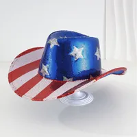 Red And White Sequins Striped Beads Five-pointed Star Cowboy Hat Independence Day National Day Denim Flag main image 3