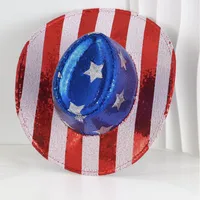 Red And White Sequins Striped Beads Five-pointed Star Cowboy Hat Independence Day National Day Denim Flag main image 4