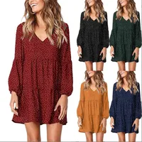 Foreign Trade New Women's Fashion V-neck Long Sleeve Wave Point Ruffled Loose Casual Temperament Dress main image 1