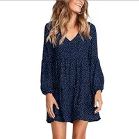 Foreign Trade New Women's Fashion V-neck Long Sleeve Wave Point Ruffled Loose Casual Temperament Dress main image 2