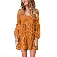 Foreign Trade New Women's Fashion V-neck Long Sleeve Wave Point Ruffled Loose Casual Temperament Dress main image 3