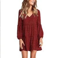 Foreign Trade New Women's Fashion V-neck Long Sleeve Wave Point Ruffled Loose Casual Temperament Dress main image 4