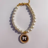 Color Pet Pearl Collar Golden Beads Handmade Dog Cat Collar Glass Ball Pendant 2 Styles sku image 9