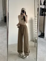 New Girls Casual Pants Corduroy Double Drawstring Smiley Wide Leg Pants Explosive Women's Straight Loose High Waist Pants sku image 3