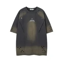 Jiayiku Summer Short-sleeved T-shirt Pure Cotton High Street American-style Functional Tide Brand Deconstruction Hole-washed Pure Cotton T-shirt Short-sleeved main image 1