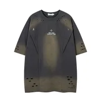 Jiayiku Summer Short-sleeved T-shirt Pure Cotton High Street American-style Functional Tide Brand Deconstruction Hole-washed Pure Cotton T-shirt Short-sleeved sku image 2
