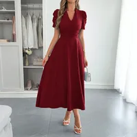 Women's Sheath Dress Elegant Classic Style V Neck Short Sleeve Solid Color Midi Dress Casual Daily sku image 10