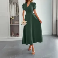 Women's Sheath Dress Elegant Classic Style V Neck Short Sleeve Solid Color Midi Dress Casual Daily sku image 13