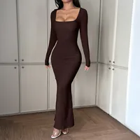 Women's Bodycon Dress Elegant Sexy U Neck Long Sleeve Solid Color Maxi Long Dress Banquet Party Cocktail Party main image 3