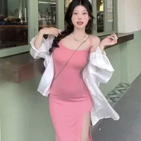 Blue Sexy Slim-fit Sling Dress Women's Summer Tight Waist Skirt Figure-fit Tight Split Hip Mid-length Skirt main image 4