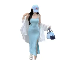 Blue Sexy Slim-fit Sling Dress Women's Summer Tight Waist Skirt Figure-fit Tight Split Hip Mid-length Skirt main image 5
