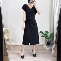 European-style Summer Dress Women's Ice Silk Thin Letter Printed Split Long Dress Design Short-sleeved Slim-fit Slim-fit Home Dress main image 3
