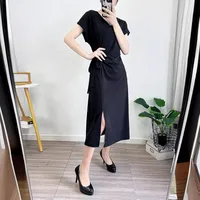 European-style Summer Dress Women's Ice Silk Thin Letter Printed Split Long Dress Design Short-sleeved Slim-fit Slim-fit Home Dress sku image 7