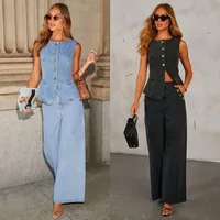 Fashion Temperament New Button Sleeveless Vest Wide-leg Jeans Denim Suit  In Stock main image 1