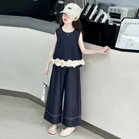 Girls Summer Suit  New Big Children's Western Style New Thin Sleeveless Tencel Denim Two-piece Set For Little Girls sku image 1