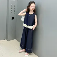 Girls Summer Suit  New Big Children's Western Style New Thin Sleeveless Tencel Denim Two-piece Set For Little Girls main image 4